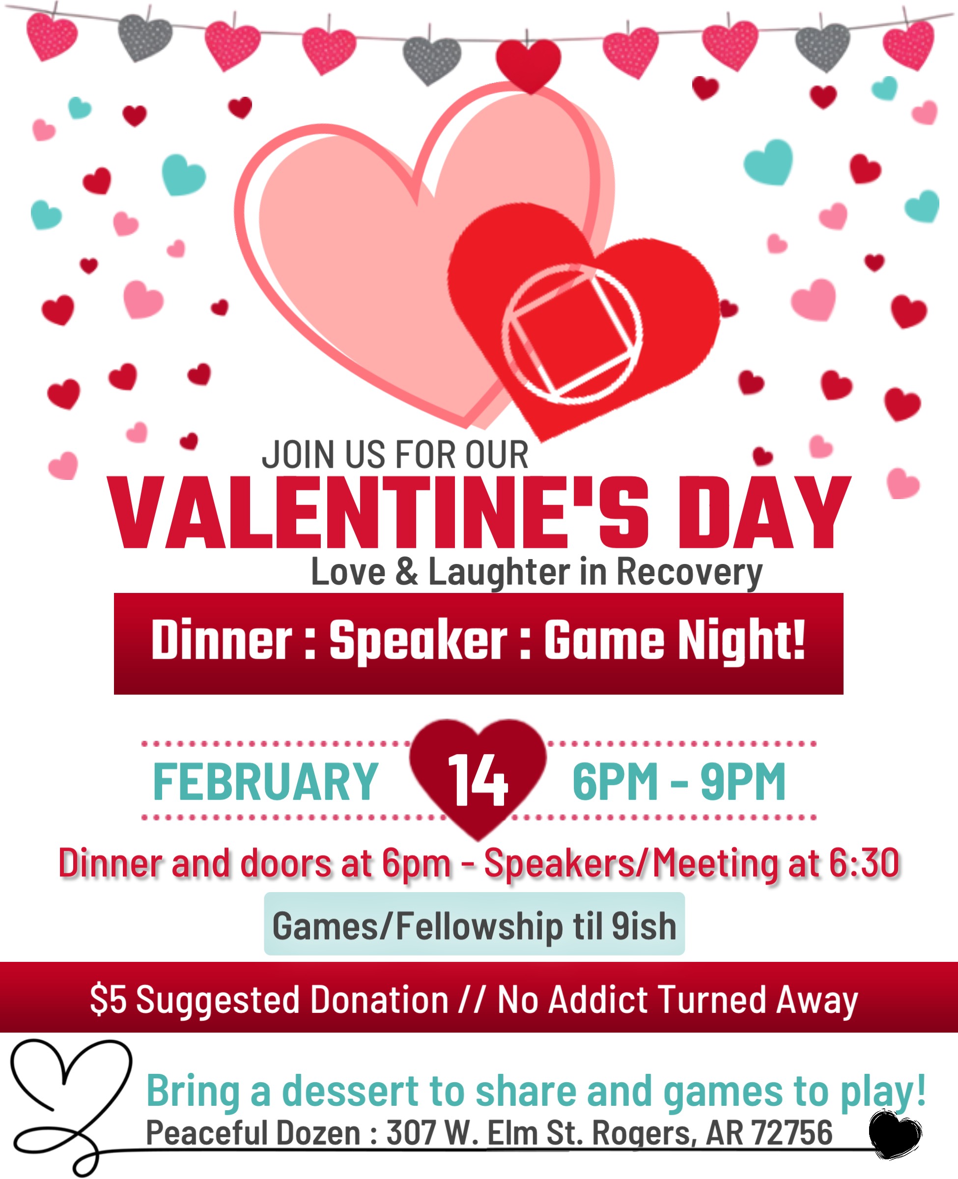 (Rogers) Valentines Day Love & Laughter in Recovery Dinner, Speaker, Game Night 2025